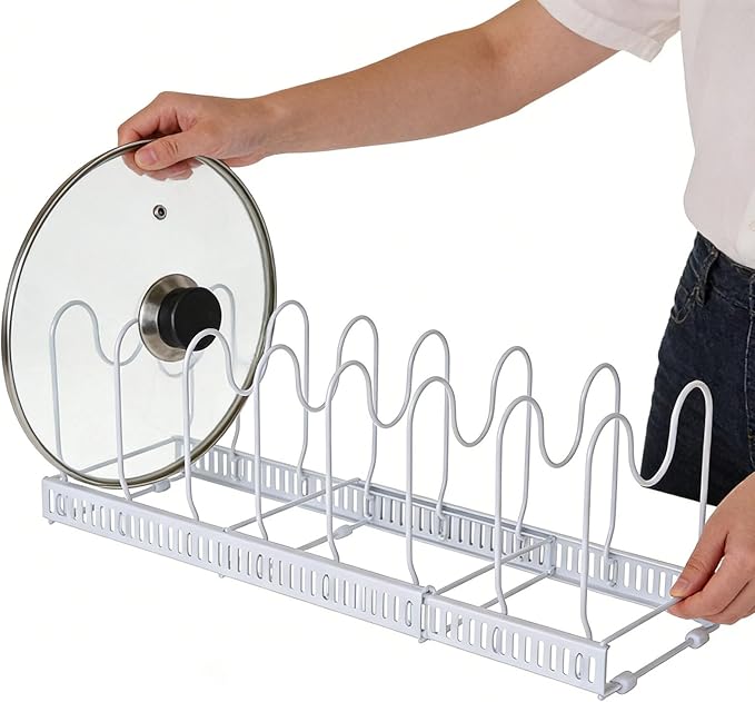 Expandable Pot and Pan Organizer Rack with 10 Adjustable Compartments, White Kitchen Cabinet Organizer for Lid, Bakeware, Cutting Board, Pantry & Countertop Storage