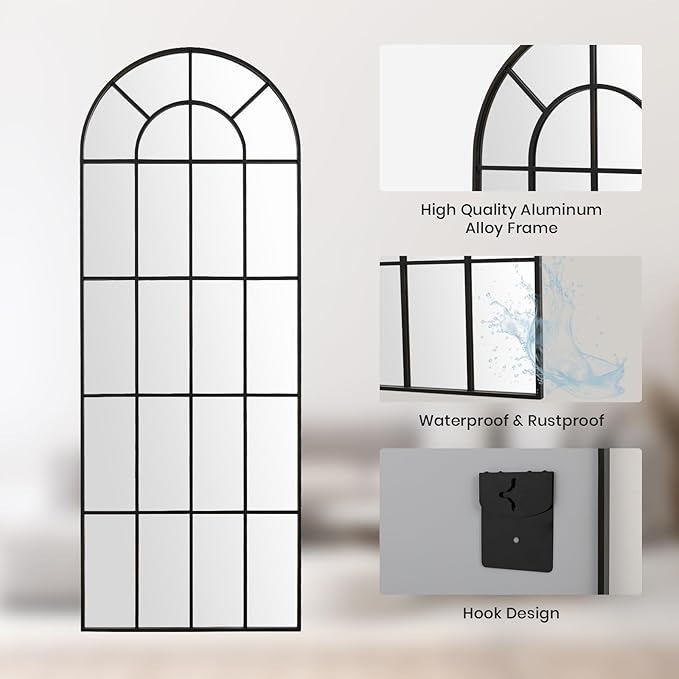 Arched Windowpane Mirror Full Length 65"x24" Wall Mounted Black Art Pane Farmhouse Decorative Floor Mirror Leaning Hanging Wall Mirror for Bedroom Living Room Entrance