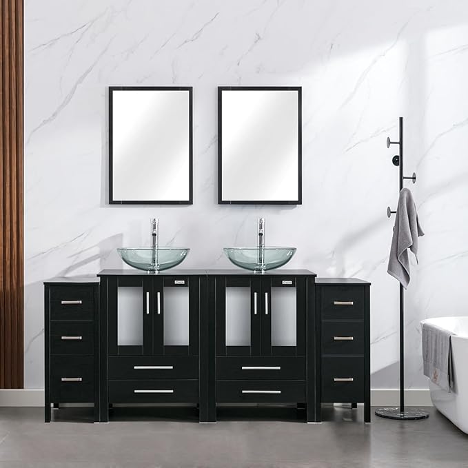 eclife 72" Modern Bathroom Vanity Sink Combo Freestanding Cabinet with Small Side Cabinet, Clear Round Glass Vessel Sink, Water Save Faucet, Drain (Black+A16)