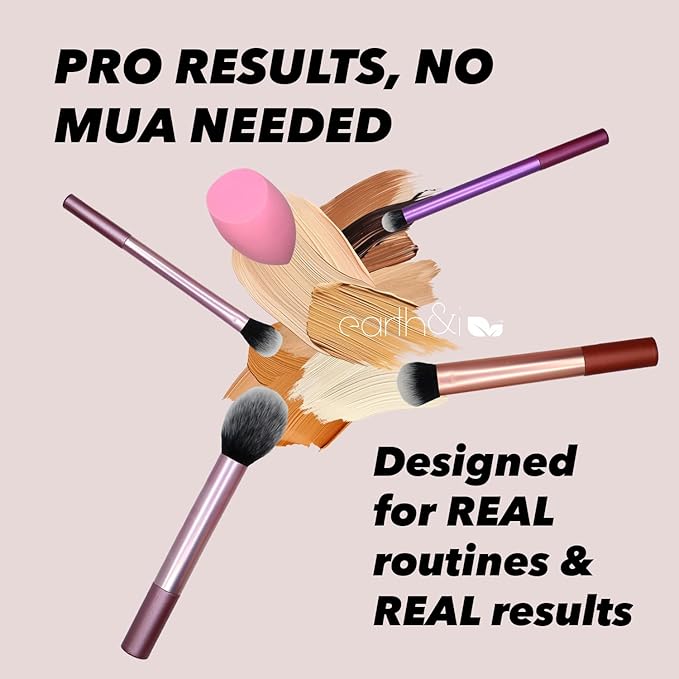 Earth & I Complexion Perfection 5-Piece Set – 3 Pro Face Brushes + 1 Master Eye Blender + 1 Chiseled Sculpting Sponge – Metallic Sateen Pink & Rose Gold – Professional Airbrush Base Kit
