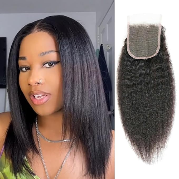 Selina Lace Closure Kinky Straight 4x4 Hd Lace Closure Yaki Straight Human Hair Free Part Hair Natural Black 18 Inch