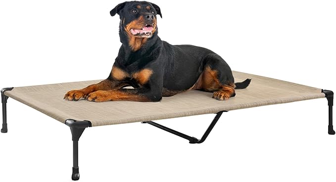Veehoo Outdoor Elevated Dog Bed Large Sized Dogs, Extra Large Cooling Raised Dog Cots Beds Training Platform Off Ground Hammock with Breathable Mesh, No-Slip Feet, 53"x37", Beige Coffee