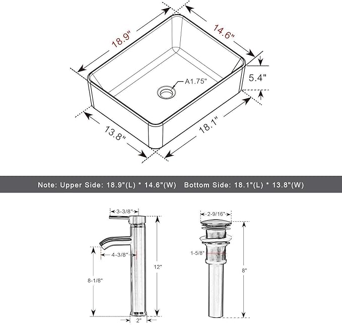 eclife 72" Modern Bathroom Vanity Sink Combo Freestanding Cabinet with Small Side Cabinet, White Rectangle Ceramic Vessel Sink, Water Save Faucet, Drain (Black+T03)