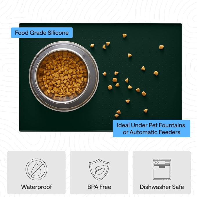 GORILLA GRIP 100% Waterproof Raised Edge BPA Free Silicone Pet Feeding Mat, Dog Cat Food Mats Contain Spills Protects Floors, Placemats for Cats and Dogs Water Bowl, Pets Accessories 32x24 Green