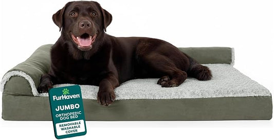 FurHaven Orthopedic Dog Bed for X-Large Dogs, L-Shaped Chaise Contour Mattress with Egg Crate Orthopedic Memory Foam for Joint Support, Removable Washable Cover, Jumbo/XL, Faux Fur & Suede, Dark Sage