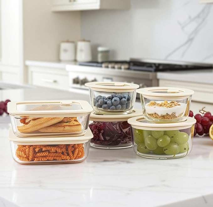 Urban Green Glass Food Container Set with Glass Lid, 6 Pack, Food Storage Containers Set, Airtight, LeakProof, Micowave Safe, 100% Plastic Free, Meal Prep Containers (White Color)