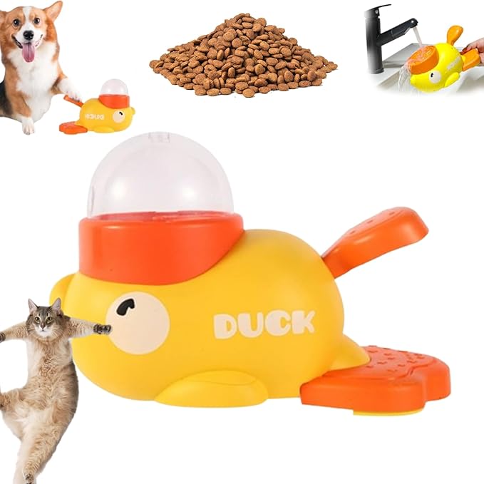 Dog Feeder Puzzle Toy Duck, Duck Cat Treat Dispenser, Press and Get Interactive Pet Feeder, 2-in-1 Nteractive Slow Feeders, Duck Shaped Feeders Bowls for Healthy Eating,Reduces Bloating (Yellow)