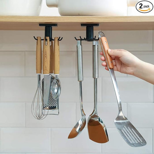2PCS Under Cabinet Hooks, 360 °Rotation Kitchen Hooks for Utensils,storage shelf rv must haves,Nail Free Adhesive Kitchen Utensils Hanging Hooks for Kitchen Utensils/Tools/Towel/Knife (Black)