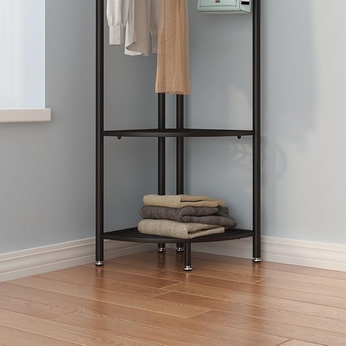 Black Corner Hall Tree, Freestanding Garment Rack with 6 Hooks and Storage Shelf, Metal Clothing Racks Coat Racks for Hallway, Entryway, Bedroom, Living Room, Office(Black)