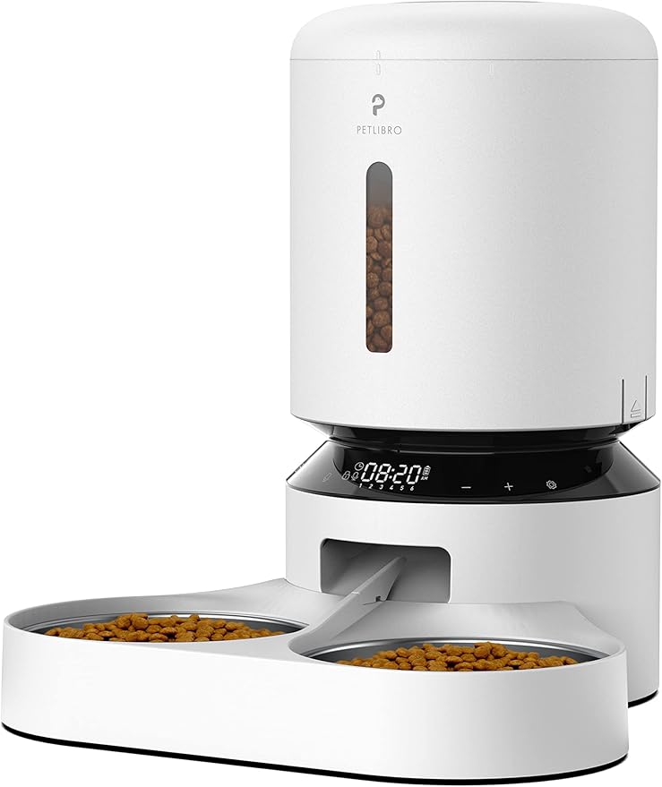 PETLIBRO Automatic Cat Food Dispenser for 2 Pets 5L Auto Dog Feeder Dry Food Dispenser with Splitter & 2 Stainless Bowls, 10s Meal Call and Timer Setting 50 Portions 6 Meals Per Day, Dual Tray Feeder