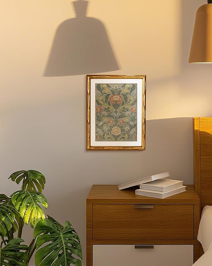 Vintage Botanical Butterflies Flowers Wall Art 11x14, Gold Bamboo-Textured Framed Canvas Print Acrylic Cover, Classic Garden Painting Floral Artwork Room Bedroom Entryway Home Office Décor