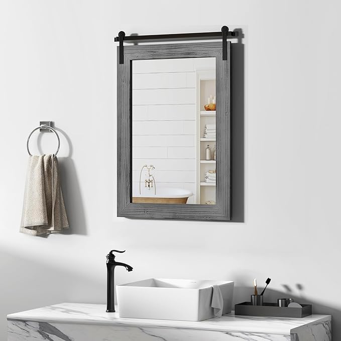 COGOOD Farmhouse Barn Door Mirror - 30 X 21 Rustic Wood Framed Wall Mirror for Bathroom, Living Room, Entryway Wall Decor (Grey)