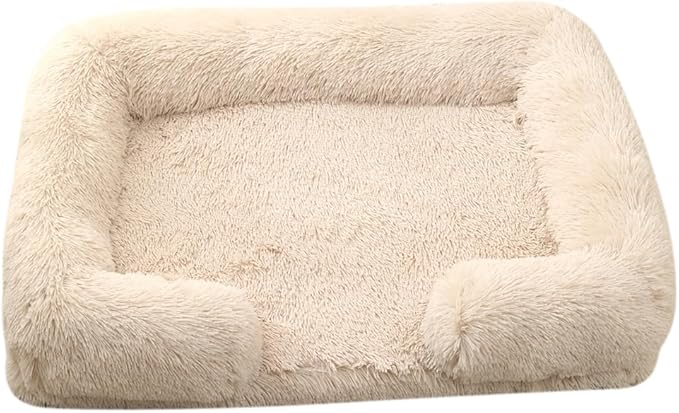 Orthopedic Dog Bed for Large Dogs - Washable Memory Foam Pet Sofa, Fluffy Plush Rectangular Bed, Waterproof Anti-Anxiety Couch, Light Brown, L