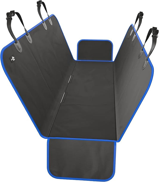 Active Pets Waterproof Hammock Standard Car Seat Cover, Fits Sedans Hatchbacks Crossovers Coupes Compact Vehicles, Secure Convertible Travel Bed Protects Backseat Cargo from Dogs, Black w/Blue Trim