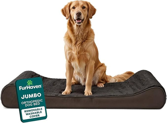 FurHaven Orthopedic Dog Bed for X-Large Dogs, Luxe Lounger Contour Mattress with Medical-Grade Solid Orthopedic Foam for Joint Support, Removable Washable Cover, Jumbo/XL, Plush Suede, Chocolate