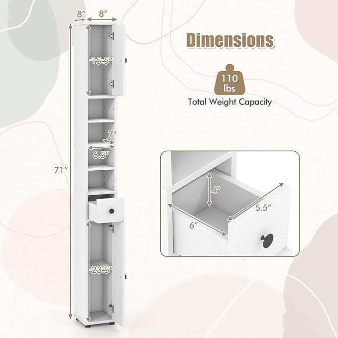 Giantex Slim Bathroom Storage Cabinet - 71” Tall Narrow Floor Cabinet Cupboard with 2 Doors, 5 Adjustable Shelves, 1 Drawer, Anti-Tipping Device, Thin Linen Tower Cabinet for Living Room (1, White)