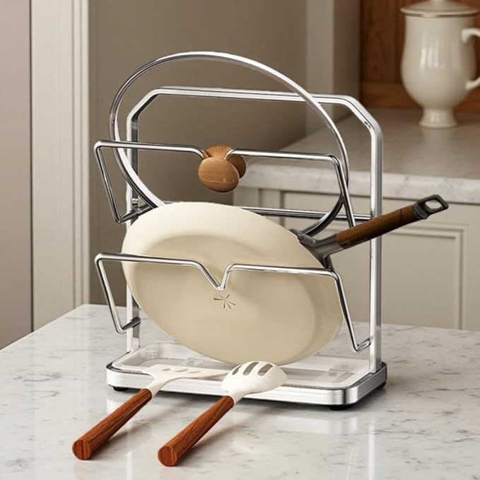 Stainless Steel Pot Lid Rack While Cooking, Kitchen Pot Lid Storage Rack, Multi Functional Countertop Kitchen Pot Lid Organizer(Silver,Double-layer Model)