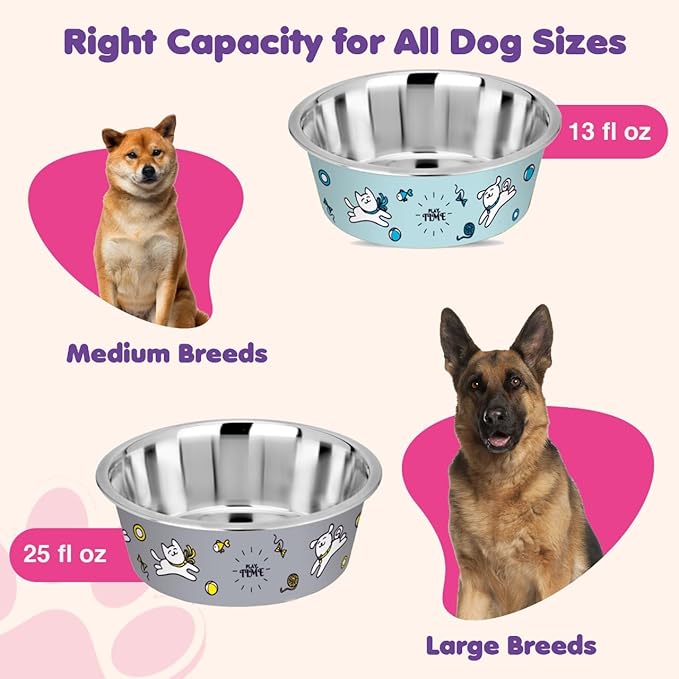 Stainless Steel Dog Bowls | Cat Bowls (Set of 2) - Anti Skid Dog Water Bowl | Cat Water Bowl - Dishwasher Safe - 25oz / 750ml – 15.4 cm (Rhino Gray Playtime Print)