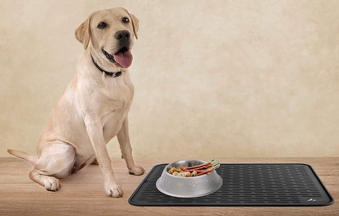 LuxPal Large 17X15 Premium Grade Silicone Dog & Cat Indoor or Outdoor Food Mat for Pets and Animals None Slip Food Tray Placemat for All Floors, Washable, Food Grade, (Black)