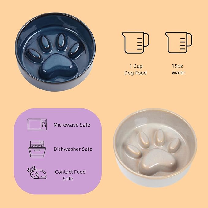 Slow Feeder Dog Bowls，Ceramic Bowl for Cats and Dogs，Dog Bowls，with Non-Slip Silicone Mat，Pet Bowl for Small Dogs and Cats，Slow Down Eating，6.2 inches Grey pet Bowl
