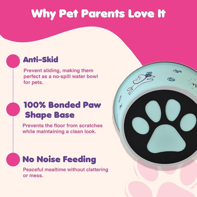 Stainless Steel Dog Bowls | Cat Bowls (Set of 2) - Anti Skid Dog Water Bowl | Cat Water Bowl - Dishwasher Safe - 13oz / 400ml – 12.3cm (Pale Turquoise Playtime Print)