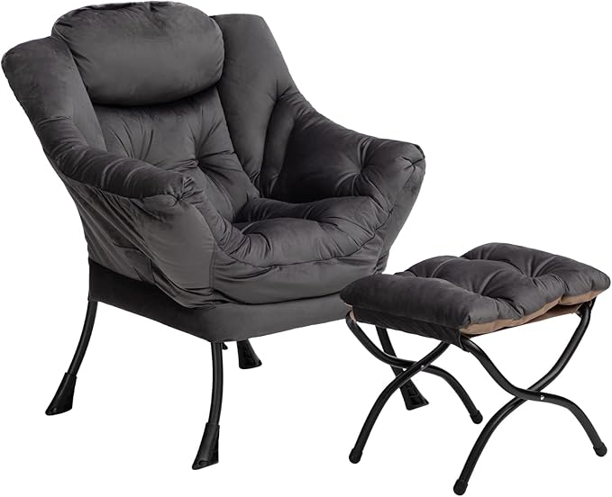 HollyHOME Lazy Chair with Foldable Ottoman, Accent Comfy Lounge Armchair and Folding Footrest Stool, Leisure Sofa Reading Chair and Footstool for Living Room, Bedroom, Dorm,Velvet Smoky Grey