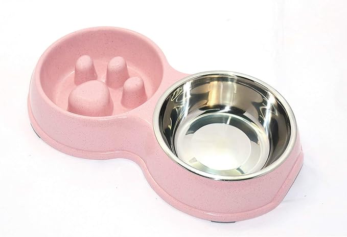 Dog Slow Eating & Drinking Bowl,Stainless Steel Interactive Slow Feed Dog Bowl for French Bulldog,Slow Down Eating Eco-Friendly pet Bowl for Frenchie (Pink)