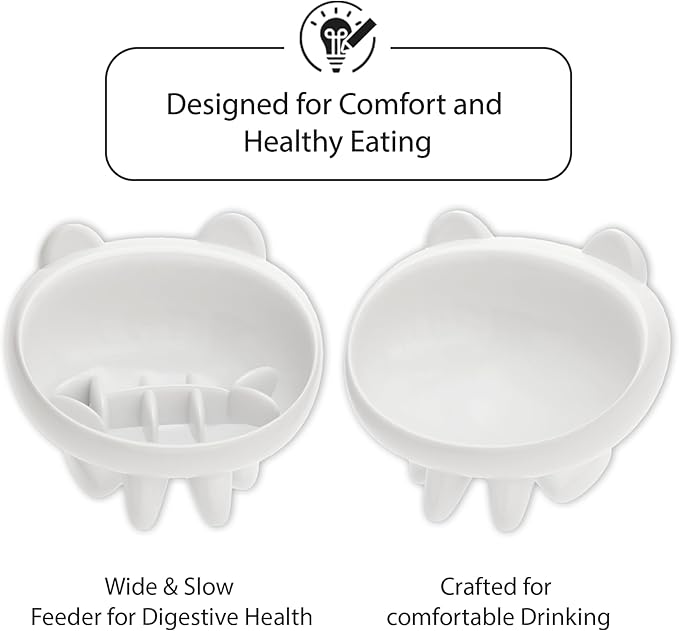 2 Pack Elevated Slow Feeder Cat Bowls – Whisker-Friendly Tilted Ceramic Bowls Anti Vomiting, Raised Feeding Station with Anti Slip Mat, Ideal for Senior Cats & Small Dogs
