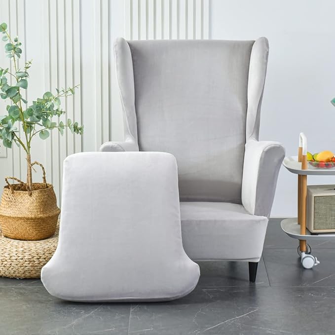 OBCREAT Wingback Chair Covers,2 Piece Stretch Velvet Wingback Chair Slipcover Soft Wing Chair Sofa Covers with Elastic Bottom,Armchair Couch Cover Furniture Protector for Living Room (Light Grey)