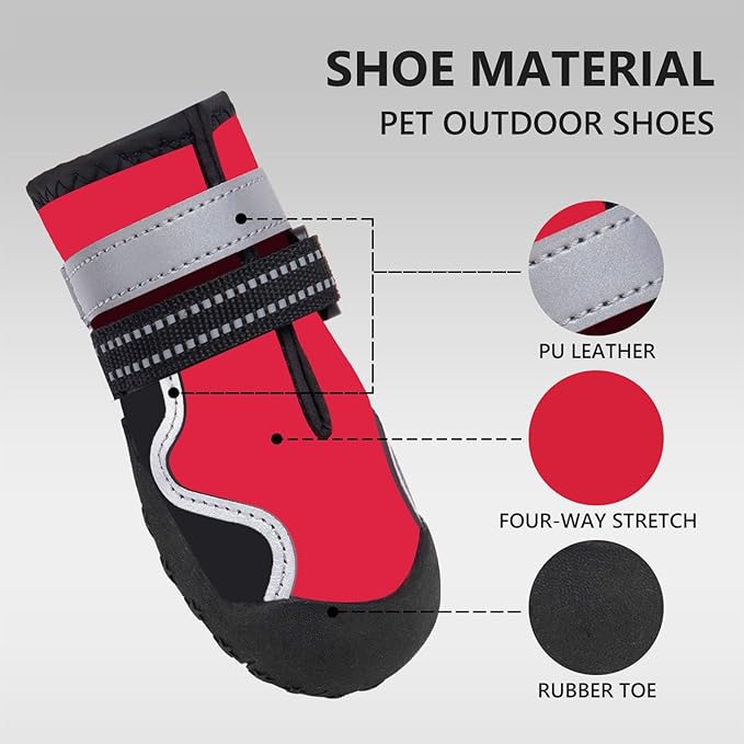 Dog Shoes Small Medium Large Size Dogs, Puppy Booties Paw Protector for Hot Pavement, Non-Slip Waterproof Rubber Reflective Strapped Boots (Red, Size 4#: (2.6 * 2.2) (L*W) for 31-40lbs)
