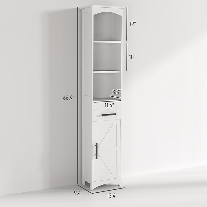 HOMCOM Tall Bathroom Storage Cabinet, Farmhouse Narrow Bathroom Storage Cabinet with Recessed Drawer and Barn Door, Linen Cabinet, White