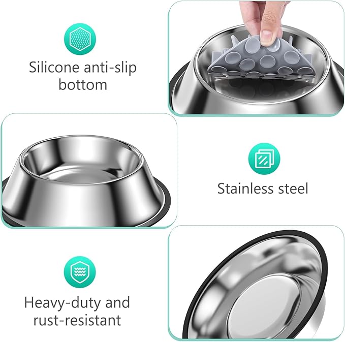 ORIA Slow Feeder Dog Bowl Set, Stainless Steel Dog Food Bowl with Slow Feeder Insert, Pet Water Bowls with Non-Slip Base for Small Medium Breeds, Holds Up to 2 Cups, M