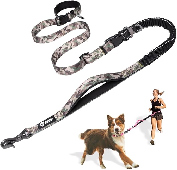 TSPRO Tactical Heavy Duty Hands Free Dog Leash, Adjustable for Medium & Large Dogs, Shock Absorbing Bungee with Safety Car Seat Belt & Padded Handle, for Walking, Jogging & Running (Military Green)