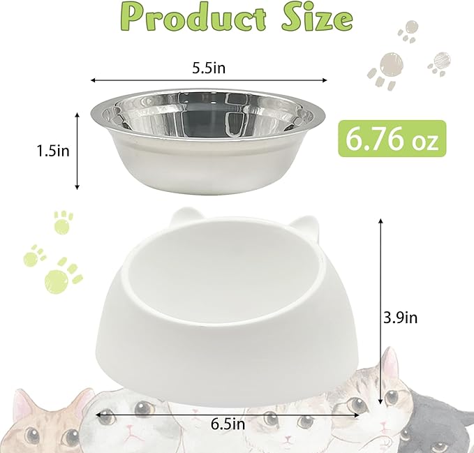 Hamiledyi Raised Cat Bowls, 4 PCS Tilted 15 Elevated Stainless Steel Food Bowls, Anti-Vomiting Spill Proof, Detachable for Puppies, Kittens, Rabbits (Black+White, 200ML)