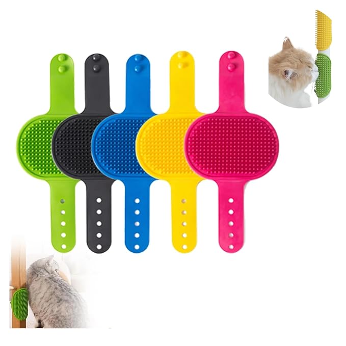 5pcs Cat Self Groomer Set - Adjustable Silicone Brushes with 5-Position Elastic Straps, Grooming Comb & Massage Tool for Table Legs & Cat Trees, Shedding Control Brush Kit (1Set)