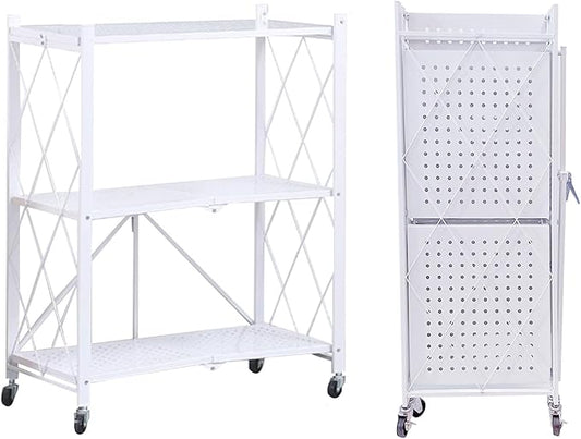 Folding Shelf Foldable Shelves with Wheels - Folding Shelves No Assembly, Collapsible Shelf Unit Display, Kitchen Organizers and Storage, Pop Up Heavy Duty Rack , 3-Tier White 28"D x 14"W x 34"H