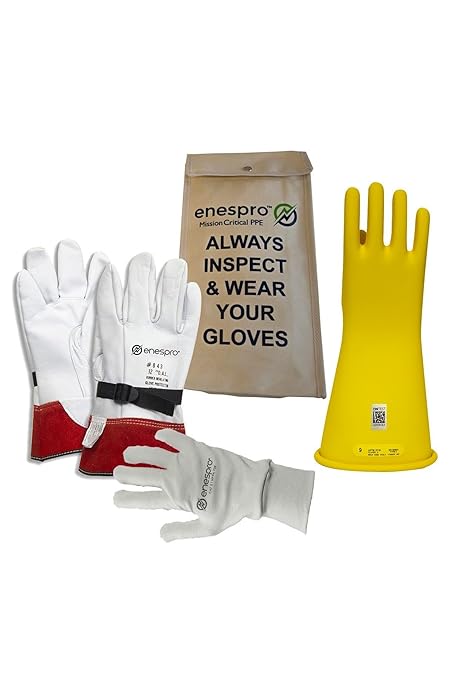 Enespro Class 2 Yellow Rubber Voltage Insulating Glove Premium Kit with FR Knit Glove and Leather Protectors, Max. Use Voltage 17,000V AC/ 25,500V DC, KITGC2Y10AG