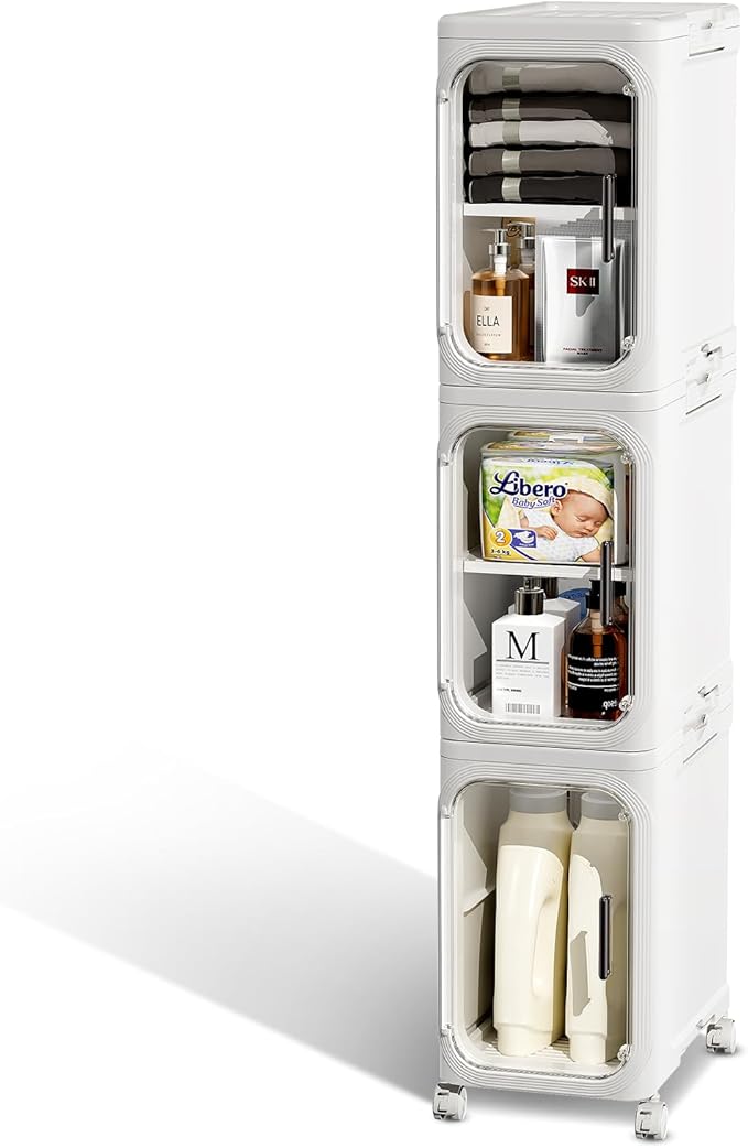 JOYZAN Narrow Bathroom Storage Cabinet with Movable Wheels, Slim Storage Cabinet with 3 Doors & Removable Panel, Skinny Bathroom Organizers and Storage for Small Space, Corner, Kitchen, Laundry