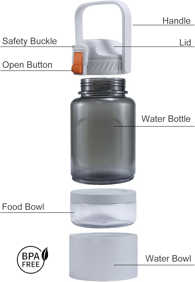 53oz Large Dog Water Bottle with Water & Food Bowl, 3-in-1 Portable Pet Feeding & Hydration Dispenser for Large Dogs & Humans, Leak-Proof Tritan Bottle for Hiking, Camping, Walking, Car Trips
