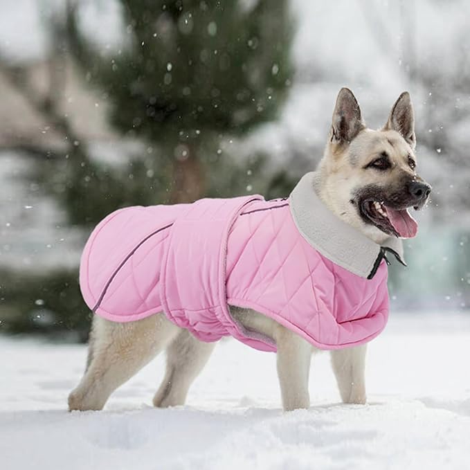 Kuoser Dog Coat Thermal Fleece Lined Dog Jacket, Adjustable Hook & Loop Dogs Coats for Medium Dogs Windproof Reflective Puppy Snow Jackets Pet Cold Weather Clothes with Harness Hole, Pink, M