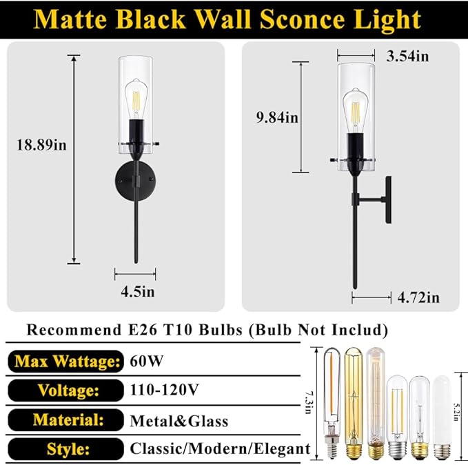 Black Wall Sconces 1-Light, Modern Wall Sconce with Clear Glass Shade, Hardwired Wall Mount Light Fixtures for Living Room Bathroom, Bedroom, Hallway