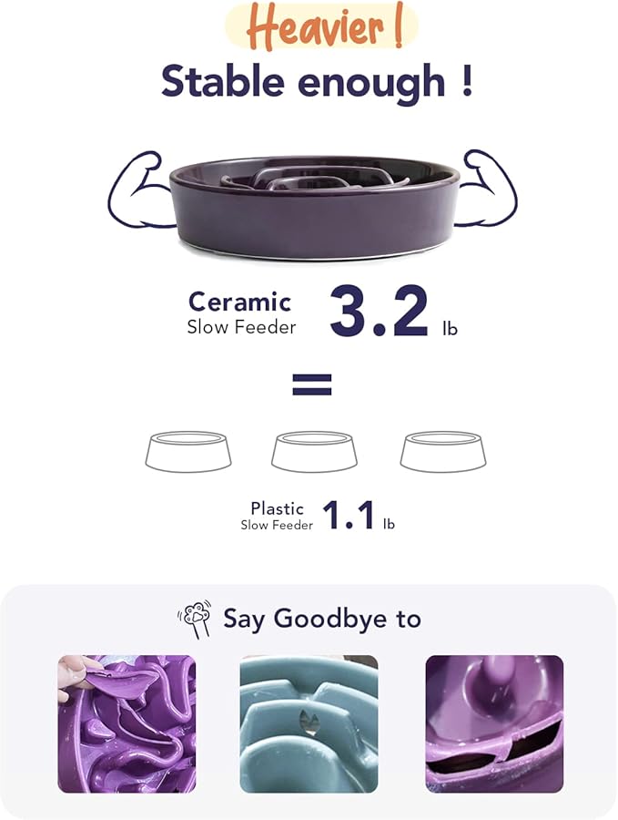 LE TAUCI Ceramic Slow Feed Raised Dog Bowls with Wooden Stand, Anti-Gulping Pet Feeding Dishes for Medium Dogs, Non-Slip, Easy to Clean, 8 Inch