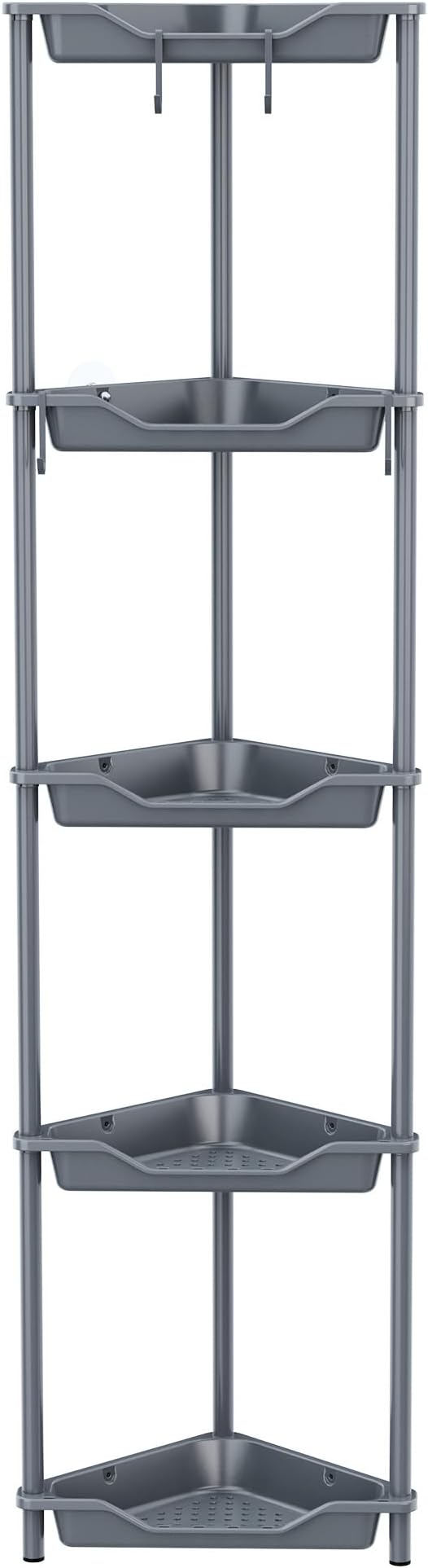 Orimade Rustproof 5 Tier Floor Standing Corner Shower Caddy Organizer, Plastic Metal Splicing Floor Corner Shelf Rack Stands for Bathroom, Grey