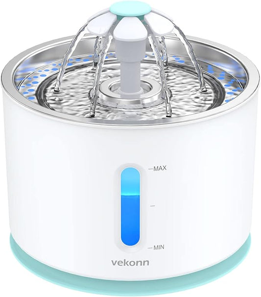 2.4L/84oz Cat Water Fountain Stainless Steel Top, Pet Water Fountain for Small Dog and Cat with LED Light and Water Level Window (Green)