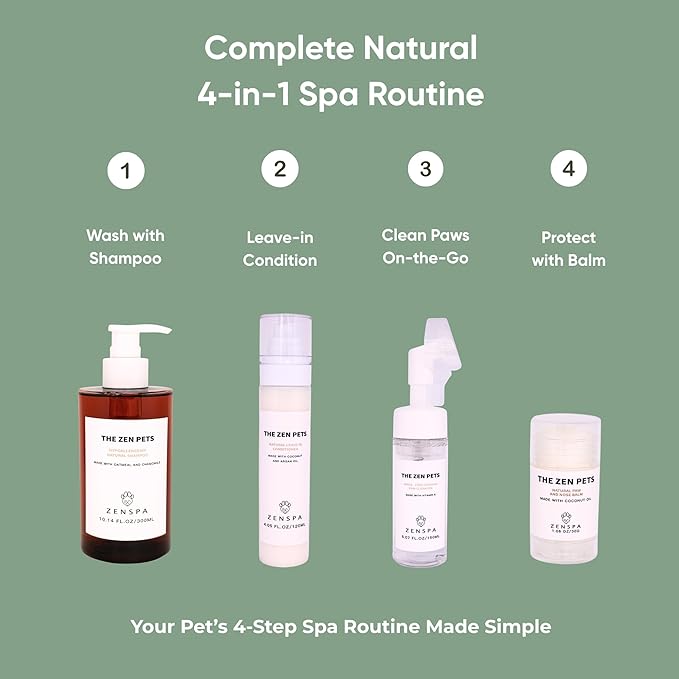 ZenSpa 4-in-1 Dog Spa Kit | Oatmeal Shampoo, Conditioner, Paw Cleanser and Nose Balm | Hypoallergenic Natural Formula for Sensitive Skin | All Breeds and Puppies