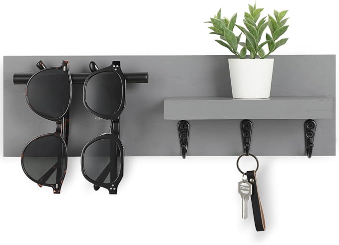 Key Holder for Wall, Decorative Entryway Shelf with Hooks Holds Keys, Dog Leash, Sunglasses – Key Hanger with 3 Hooks Organizes, Enhances Home Decor (15” x 4.5” x 2.6”) (Grey)
