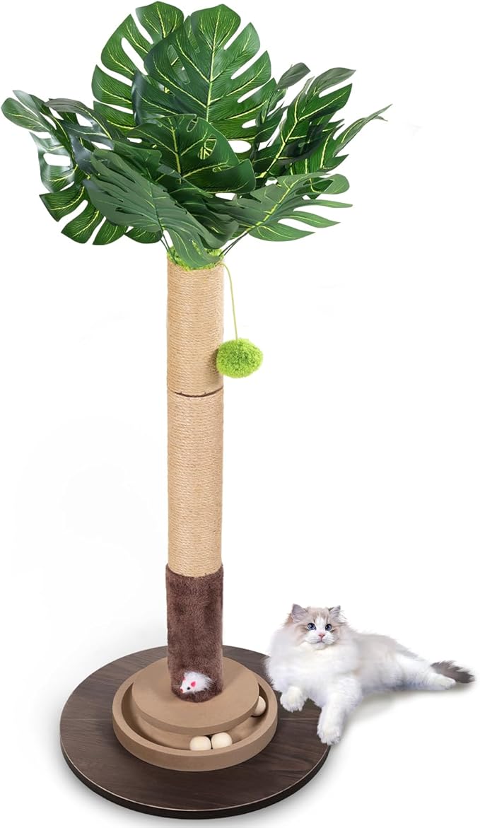 Cat Scratching Post, 35 Inch Tall Cat Scratcher Cat Tree Tower with Hanging Ball for Indoor Cats Adults,Monstera Sisal Rope Kitten Scratch with Interactive Mouse Cat Toy