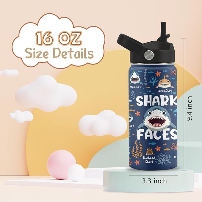 Shark Gifts for Boys Girls, 16 oz Water Bottle with Straw Lid, Stainless Steel Insulated Tumbler, Cute Water Bottle, Shark Lovers Gift, Ocean Animals Lovers Gifts Cup (1pcs