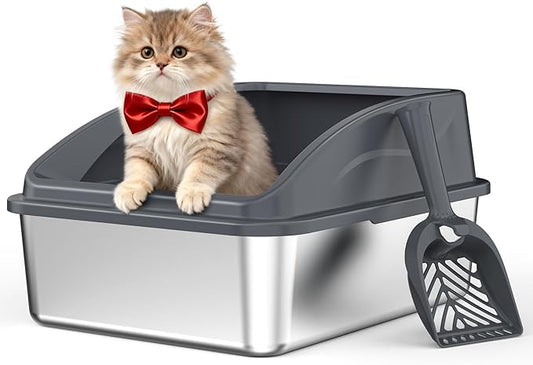 Stainless Steel Litter Box | Metal Kitty Litter Box with Lid High Sided for Small Cats or Injured Cats, Bunny Litter Boxes, Low Entry, Odor-Free, Non-Stick,Includes Scoop (Dark Gray, Small)