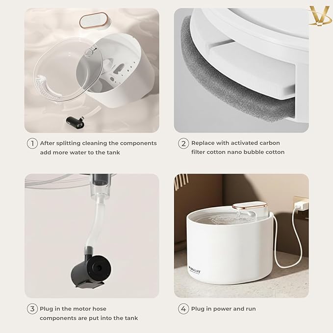 VIMALIFE Cat Dog Water Fountain, 3L/101oz for Dogs & Cats Automatic Water Dispenser, Food Grade Pet Drinking Fountain with Filter System, Quiet & Easy Clean, White